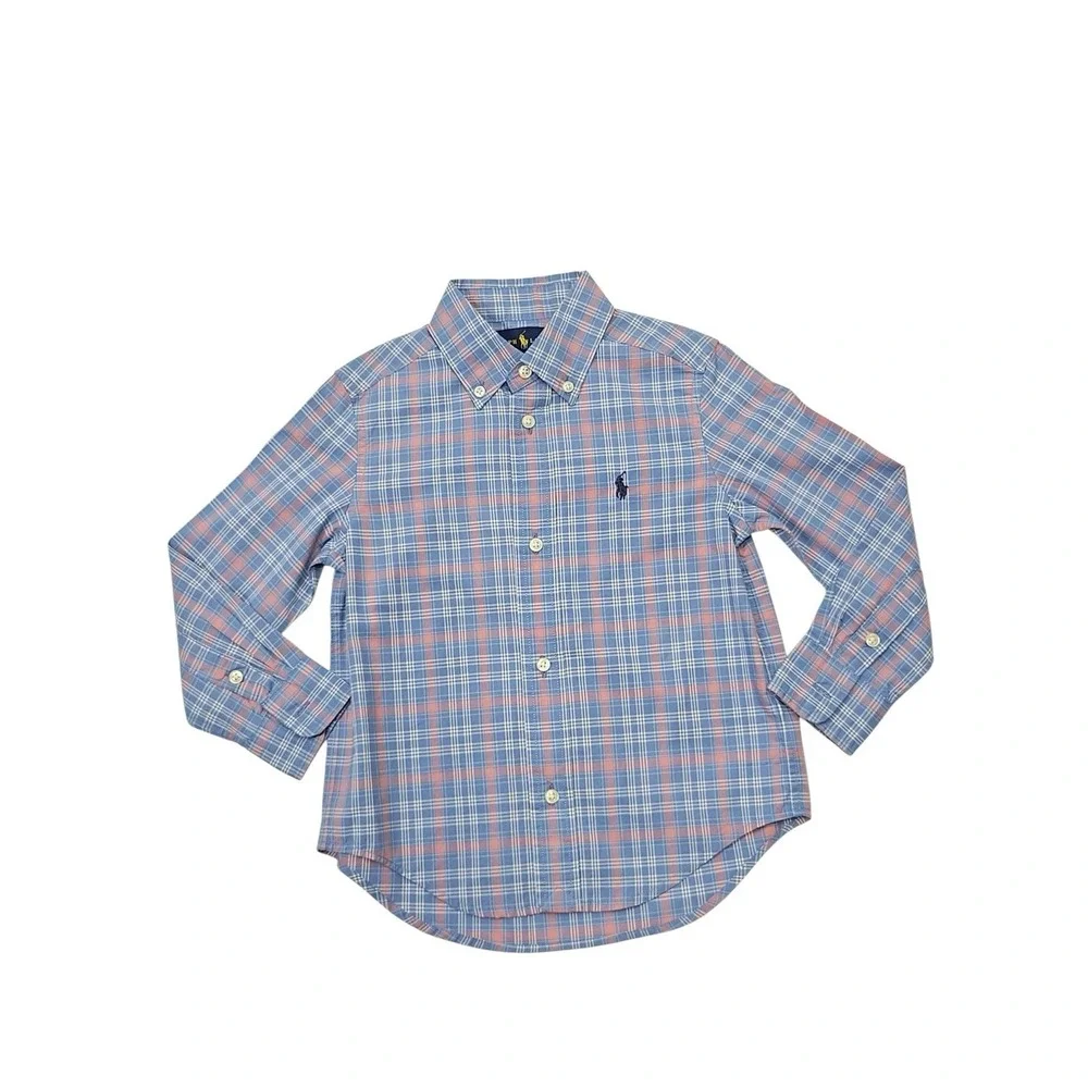 Boys Ralph Lauren Blue/Pink Cotton Plaid Button Front Shirt Pony Logo Size:3T